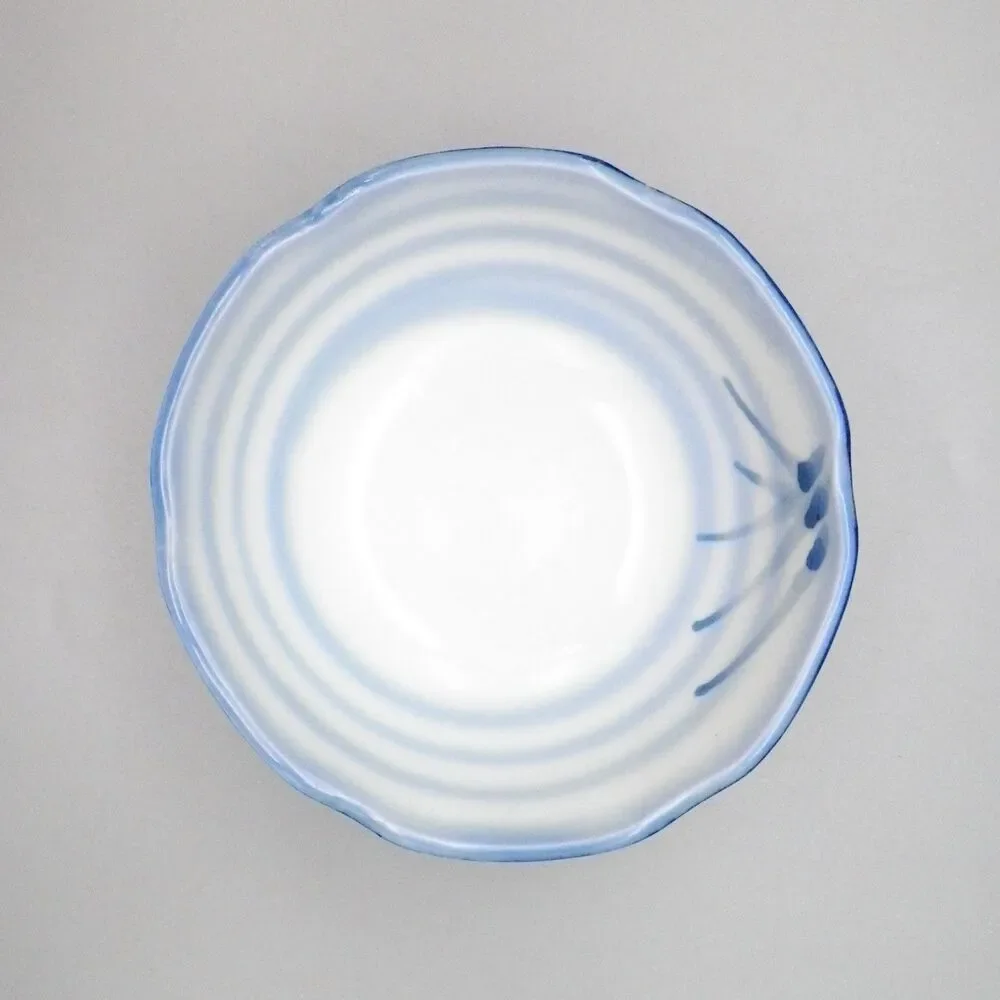 Japanese Ceramic Kobachi Rice Bowl Blue Brushstroke Design Scalloped Rim & Spoon